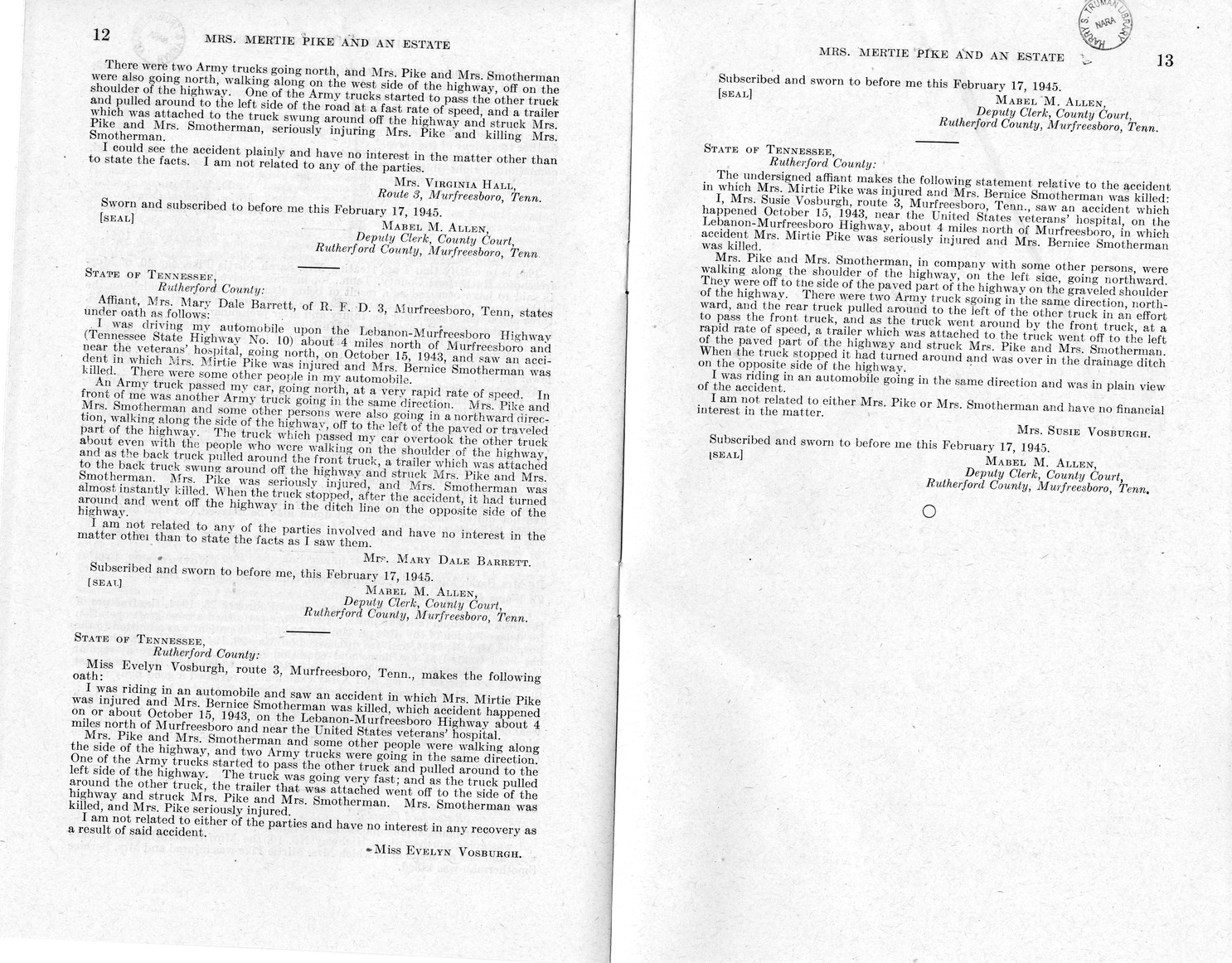 Memorandum from Frederick J. Bailey to M. C. Latta, H. R. 2318, For the Relief of Mrs. Mertie Pike and the Estate of Mrs. Bernice Smotherman, Deceased, with Attachments