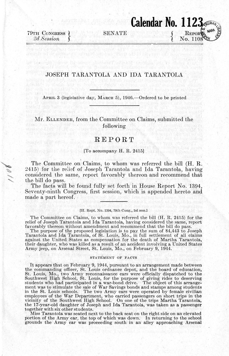 Memorandum from Frederick J. Bailey to M. C. Latta, H. R. 2415, For the Relief of Joseph Tarantola and Ida Tarantola, with Attachments