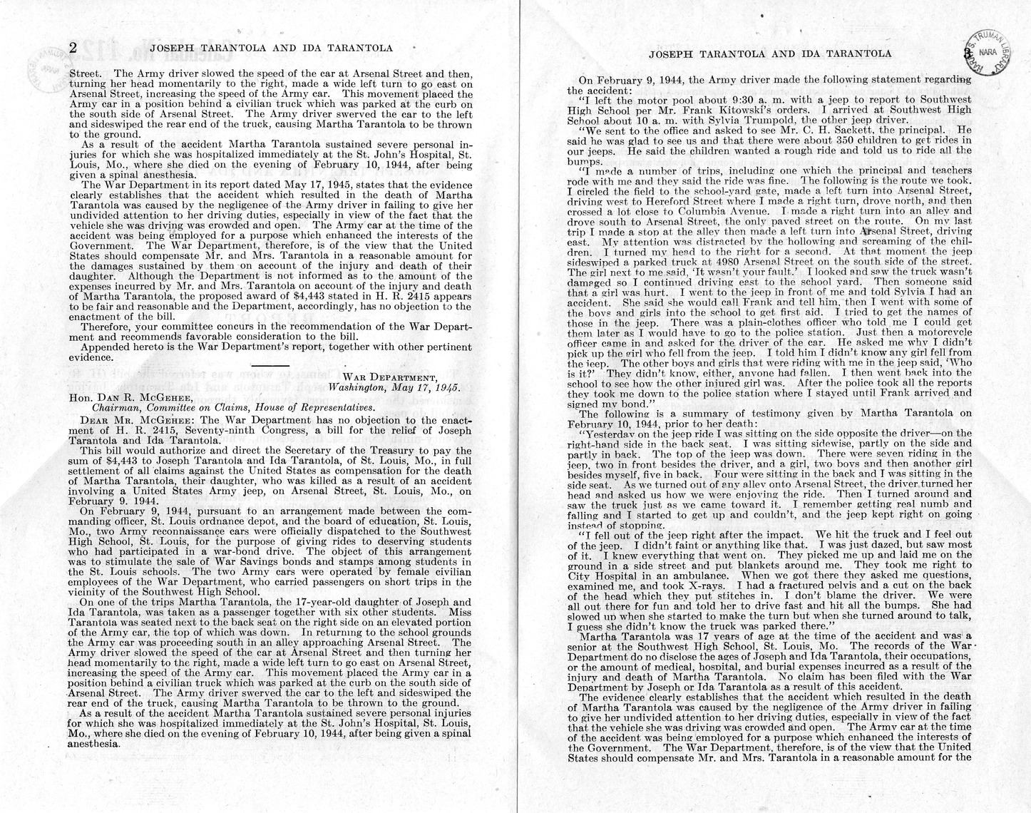 Memorandum from Frederick J. Bailey to M. C. Latta, H. R. 2415, For the Relief of Joseph Tarantola and Ida Tarantola, with Attachments