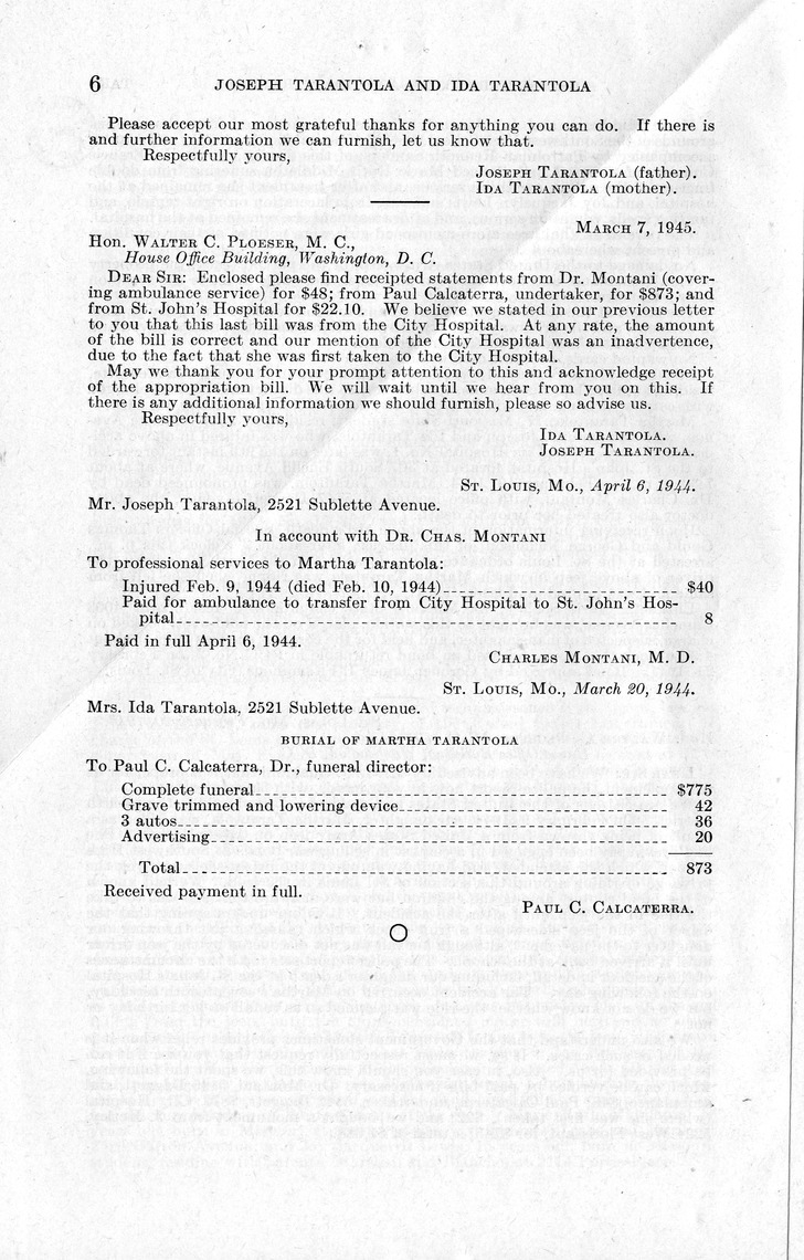 Memorandum from Frederick J. Bailey to M. C. Latta, H. R. 2415, For the Relief of Joseph Tarantola and Ida Tarantola, with Attachments