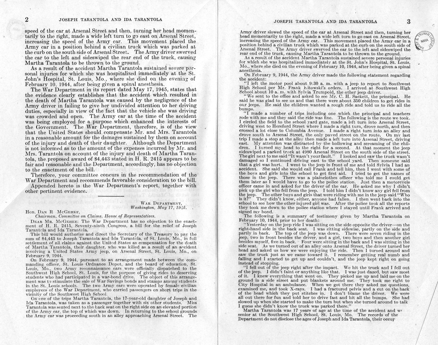 Memorandum from Frederick J. Bailey to M. C. Latta, H. R. 2415, For the Relief of Joseph Tarantola and Ida Tarantola, with Attachments