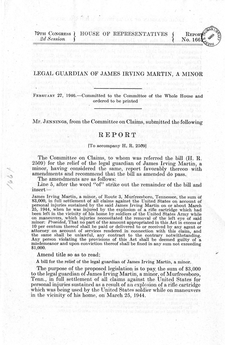 Memorandum from Frederick J. Bailey to M. C. Latta, H. R. 2509, For the Relief of the Legal Guardian of James Irving Martin, a Minor, with Attachments