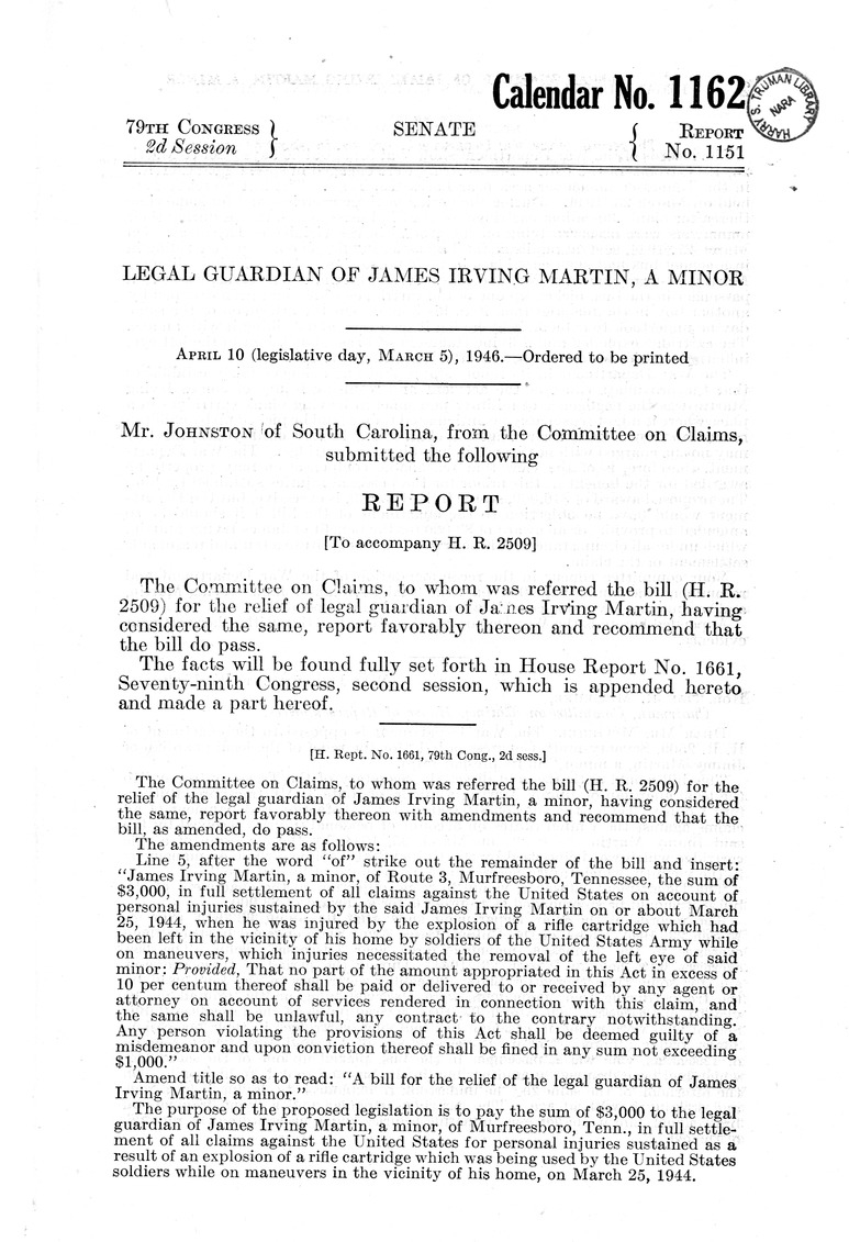 Memorandum from Frederick J. Bailey to M. C. Latta, H. R. 2509, For the Relief of the Legal Guardian of James Irving Martin, a Minor, with Attachments