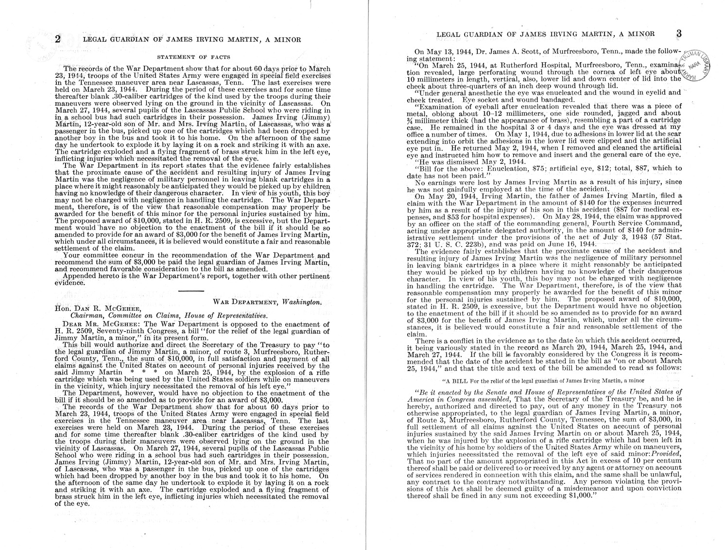 Memorandum from Frederick J. Bailey to M. C. Latta, H. R. 2509, For the Relief of the Legal Guardian of James Irving Martin, a Minor, with Attachments