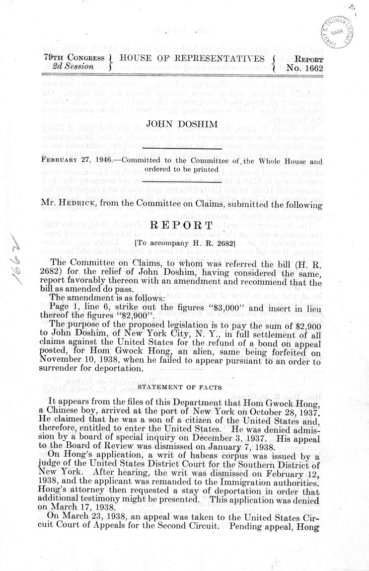 Memorandum from Frederick J. Bailey to M. C. Latta, H. R. 2682, For the Relief of John Doshim, with Attachments