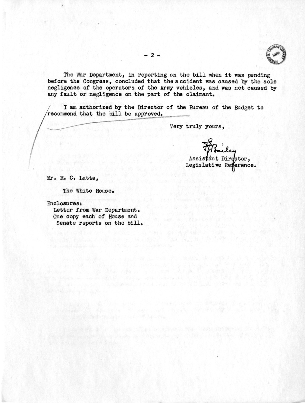 Memorandum from Frederick J. Bailey to M. C. Latta, H. R. 2884, For the Relief of B. H. Spann, with Attachments