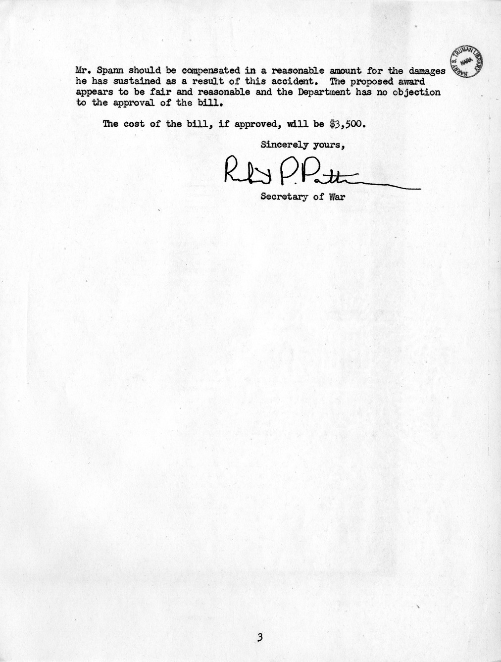 Memorandum from Frederick J. Bailey to M. C. Latta, H. R. 2884, For the Relief of B. H. Spann, with Attachments