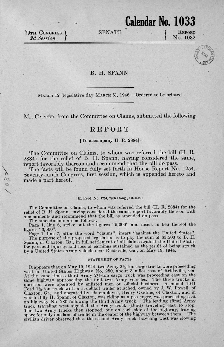 Memorandum from Frederick J. Bailey to M. C. Latta, H. R. 2884, For the Relief of B. H. Spann, with Attachments