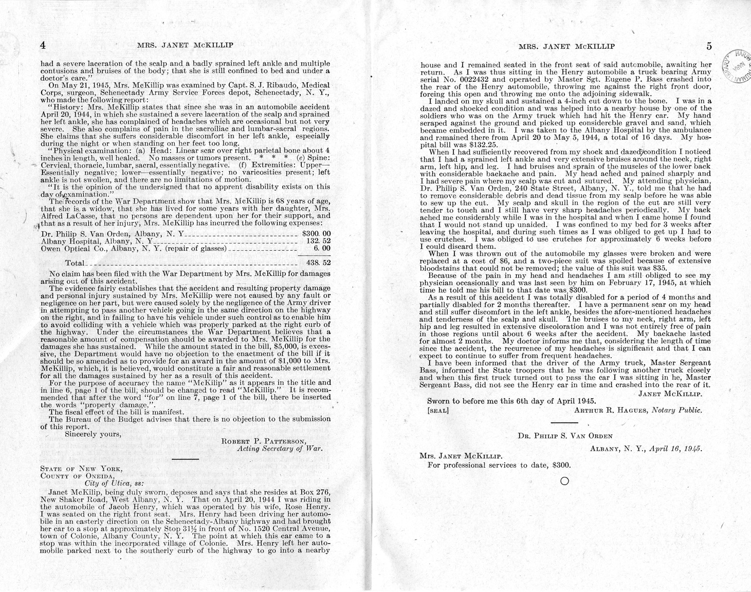 Memorandum from Frederick J. Bailey to M. C. Latta, H. R. 2901, For the Relief of Mrs. Janet McKillip, with Attachments