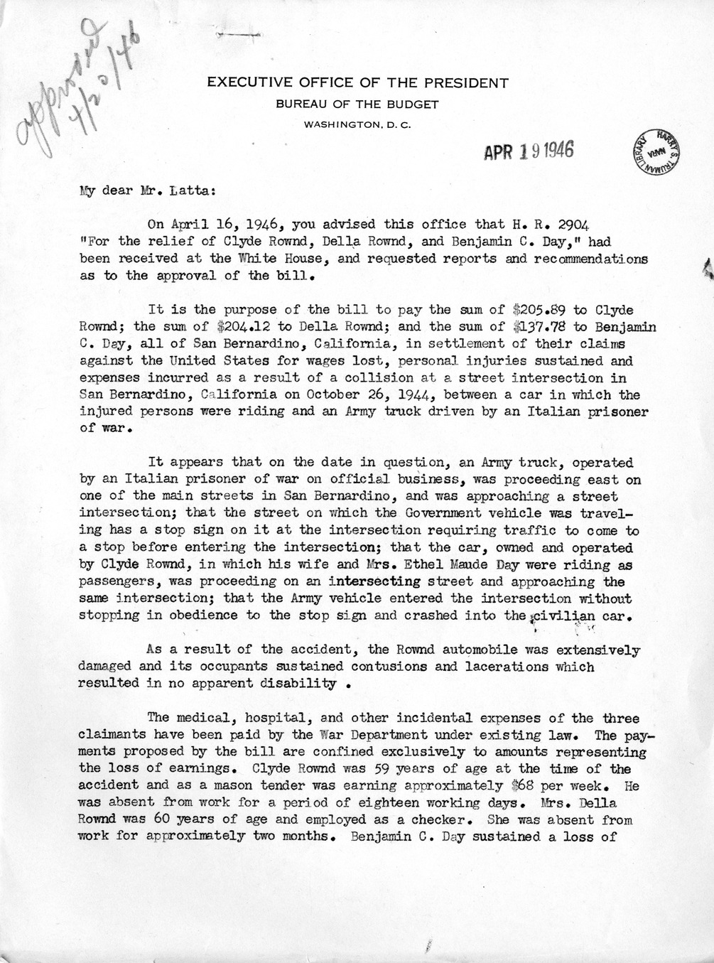 Memorandum from Frederick J. Bailey to M. C. Latta, H. R. 2904, For the Relief of Clyde Rownd, Della Rownd, and Benjamin C. Day, with Attachments