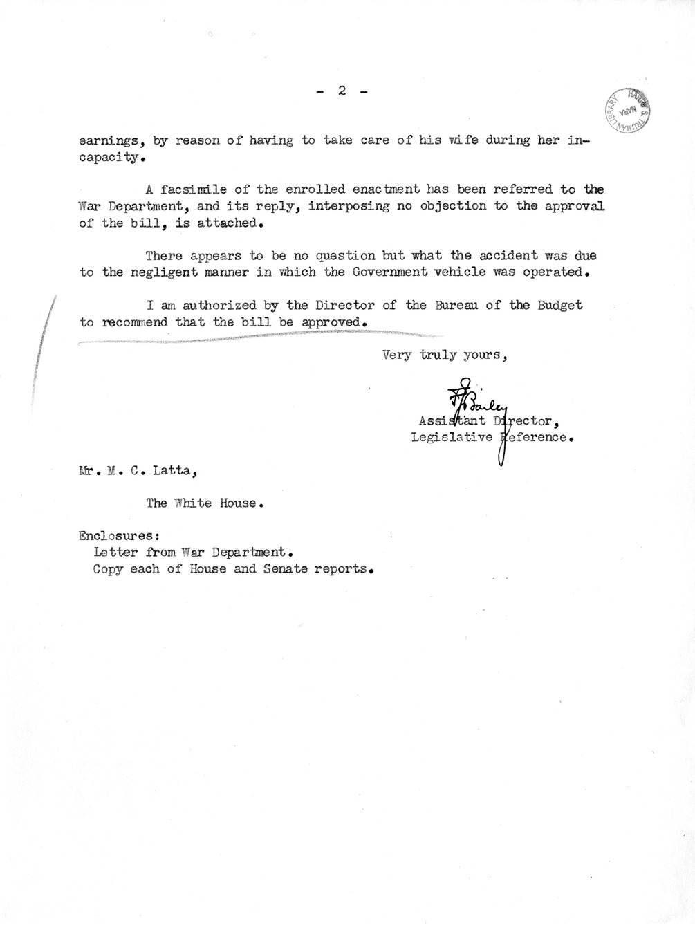 Memorandum from Frederick J. Bailey to M. C. Latta, H. R. 2904, For the Relief of Clyde Rownd, Della Rownd, and Benjamin C. Day, with Attachments