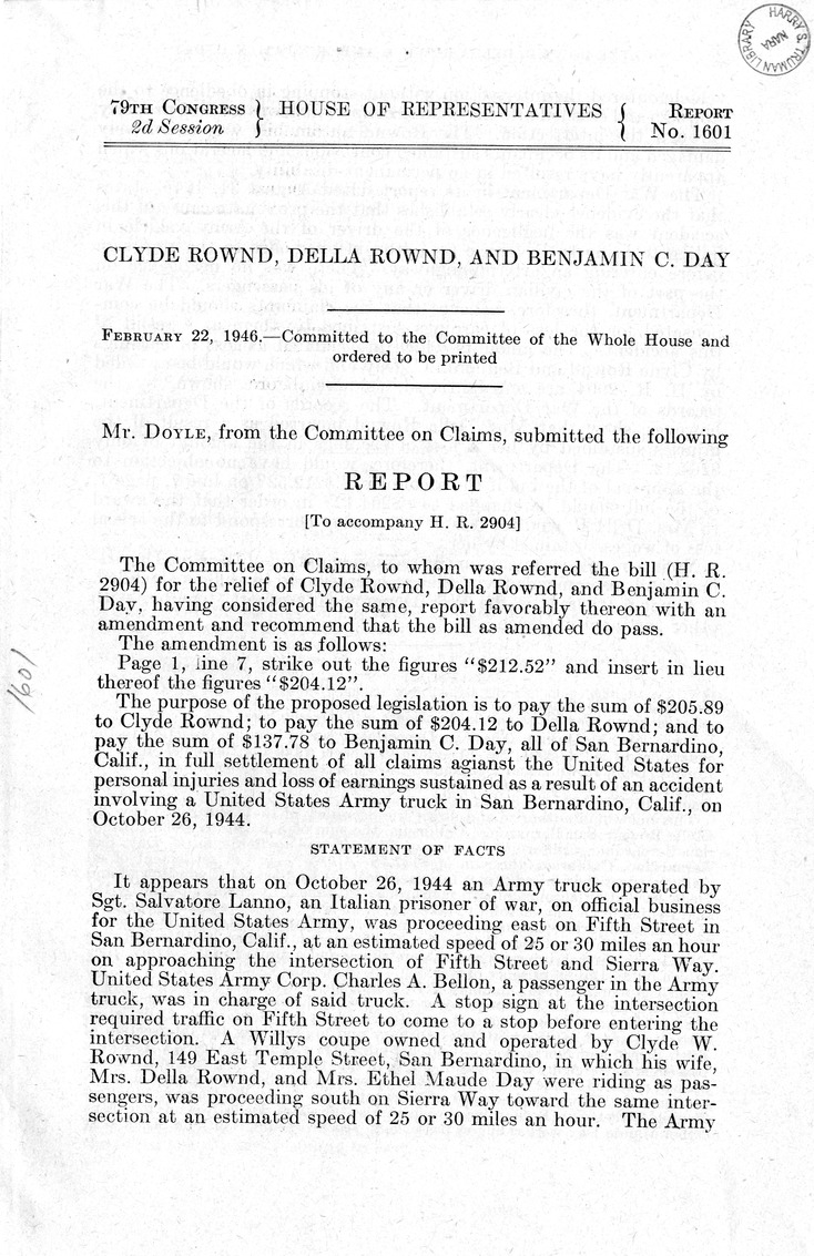Memorandum from Frederick J. Bailey to M. C. Latta, H. R. 2904, For the Relief of Clyde Rownd, Della Rownd, and Benjamin C. Day, with Attachments