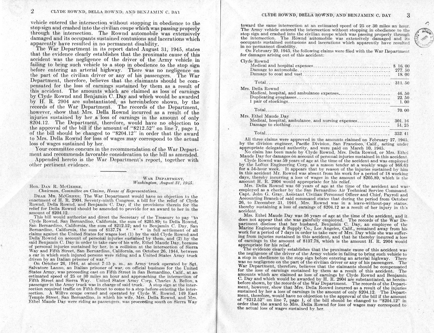 Memorandum from Frederick J. Bailey to M. C. Latta, H. R. 2904, For the Relief of Clyde Rownd, Della Rownd, and Benjamin C. Day, with Attachments