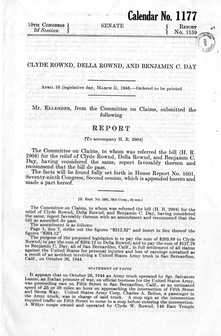 Memorandum from Frederick J. Bailey to M. C. Latta, H. R. 2904, For the Relief of Clyde Rownd, Della Rownd, and Benjamin C. Day, with Attachments