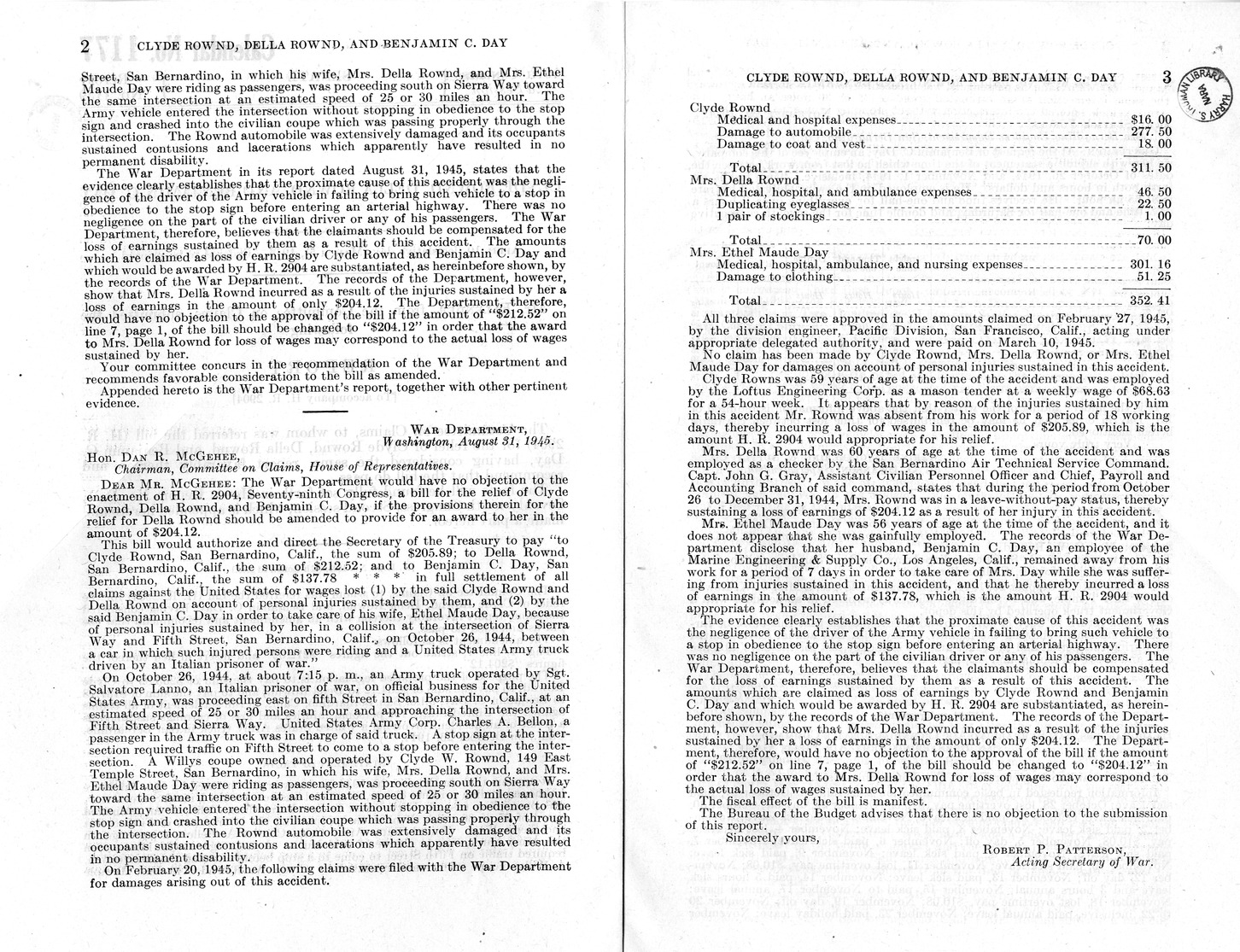 Memorandum from Frederick J. Bailey to M. C. Latta, H. R. 2904, For the Relief of Clyde Rownd, Della Rownd, and Benjamin C. Day, with Attachments