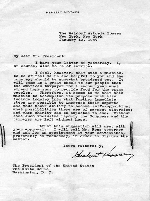 Letter, Herbert Hoover to Harry S. Truman