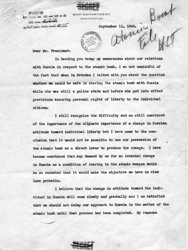 Henry Stimson to Harry S. Truman, accompanied by a memorandum