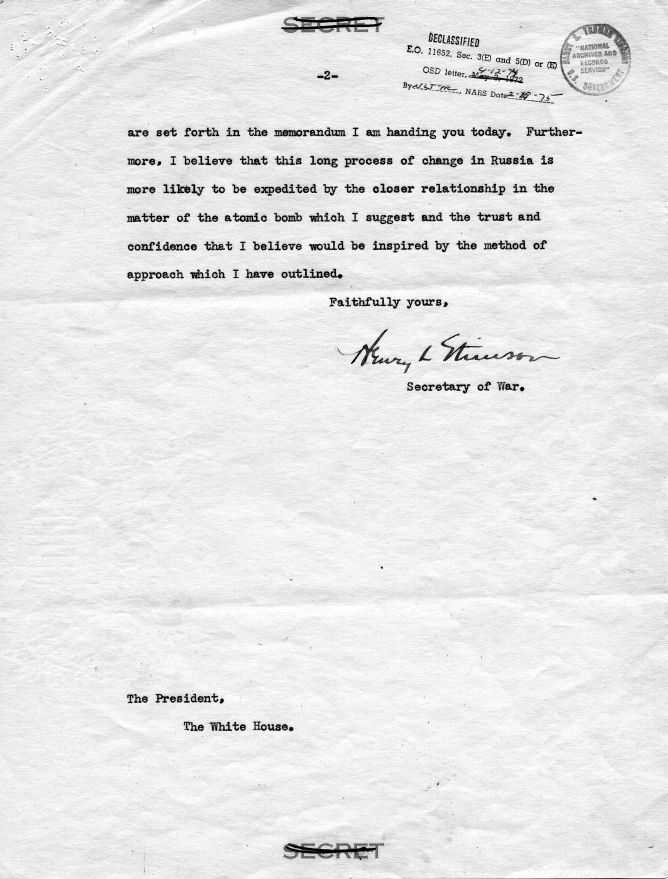 Henry Stimson to Harry S. Truman, accompanied by a memorandum