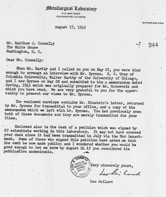 Matthew J. Connelly to James Byrnes, with attached Leo Szilard letter