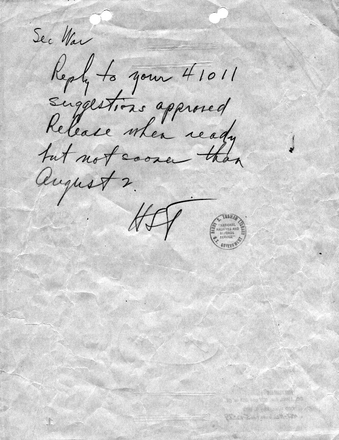 Henry Stimson to Harry S. Truman, with handwritten Truman reply on reverse