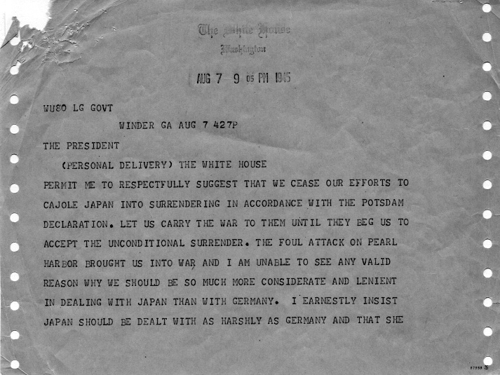 Telegram, Richard Russell to Harry S. Truman