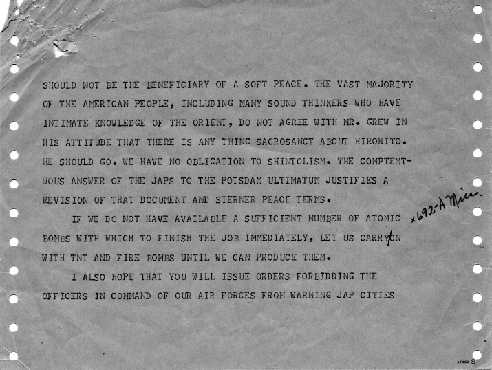 Telegram, Richard Russell to Harry S. Truman