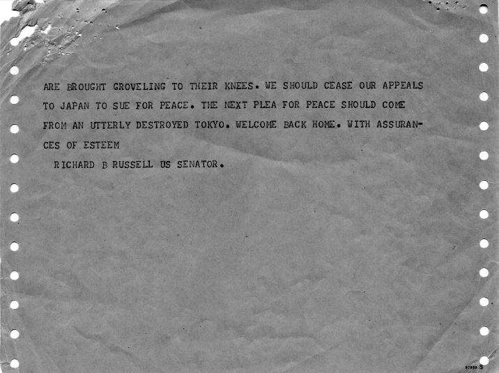 Telegram, Richard Russell to Harry S. Truman