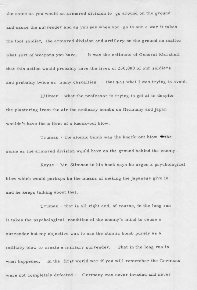 Excerpt from Transcript of Interview with former President Truman