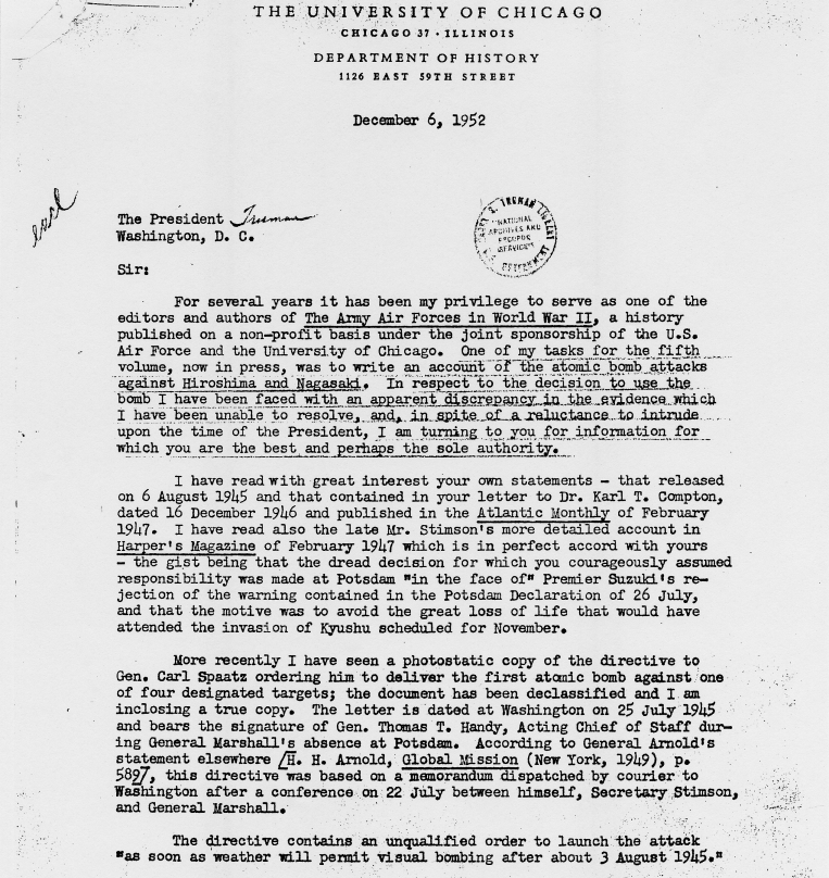 Correspondence between Harry S. Truman and James Cate, with attached White House memos