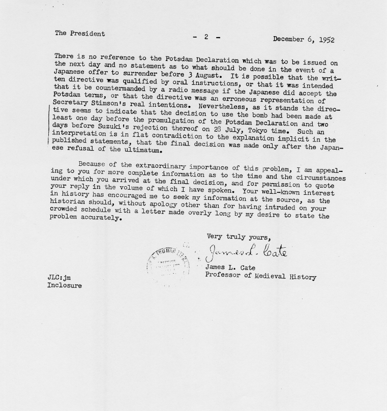 Correspondence between Harry S. Truman and James Cate, with attached White House memos