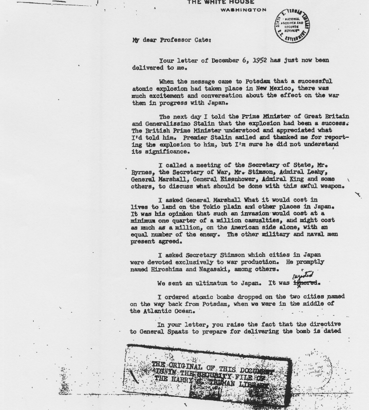 Correspondence between Harry S. Truman and James Cate, with attached White House memos