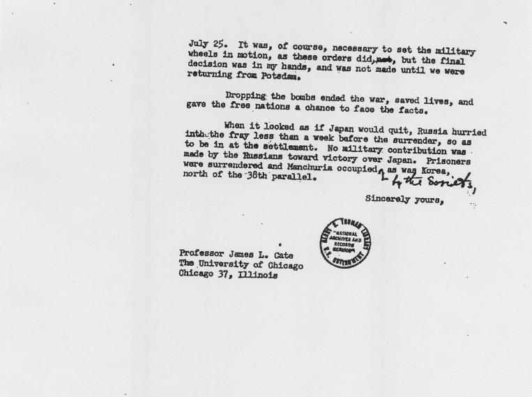 Correspondence between Harry S. Truman and James Cate, with attached White House memos