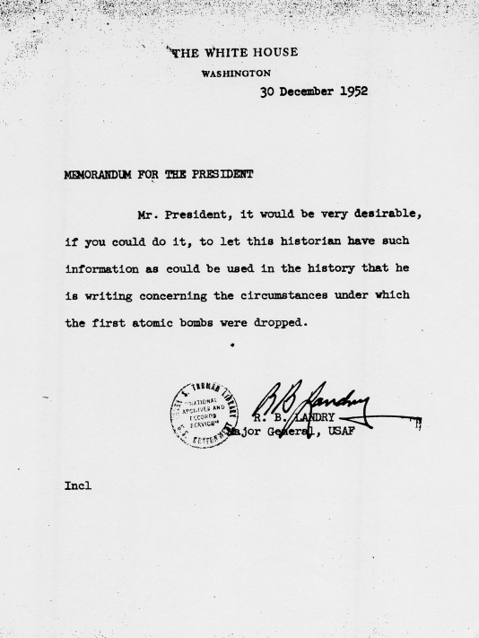 Correspondence between Harry S. Truman and James Cate, with attached White House memos