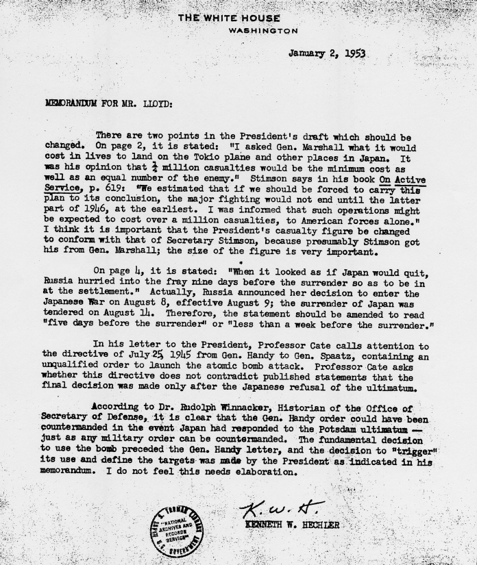 Correspondence between Harry S. Truman and James Cate, with attached White House memos