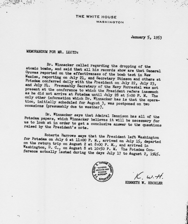 Correspondence between Harry S. Truman and James Cate, with attached White House memos