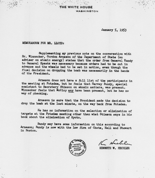 Correspondence between Harry S. Truman and James Cate, with attached White House memos