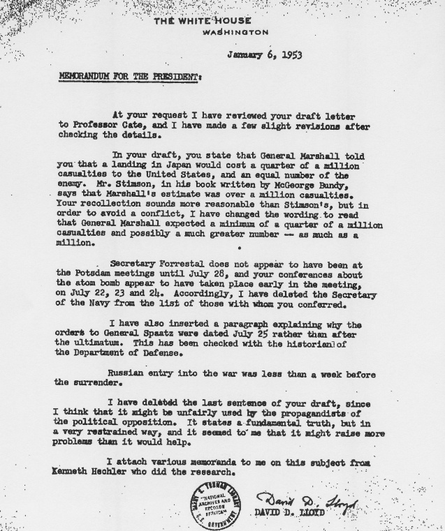 Correspondence between Harry S. Truman and James Cate, with attached White House memos