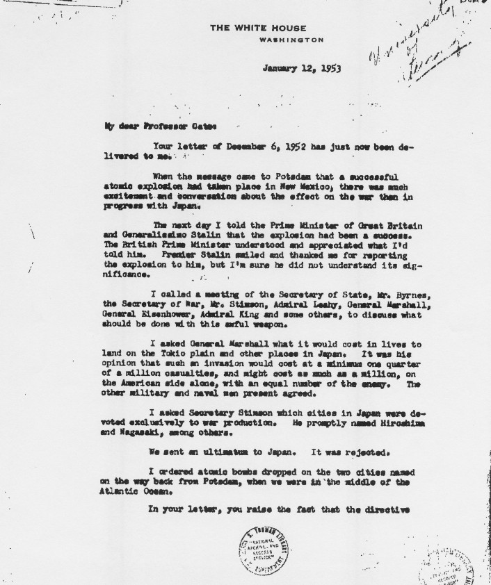 Correspondence between Harry S. Truman and James Cate, with attached White House memos