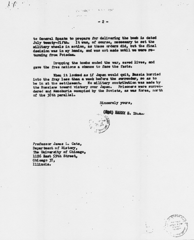 Correspondence between Harry S. Truman and James Cate, with attached White House memos