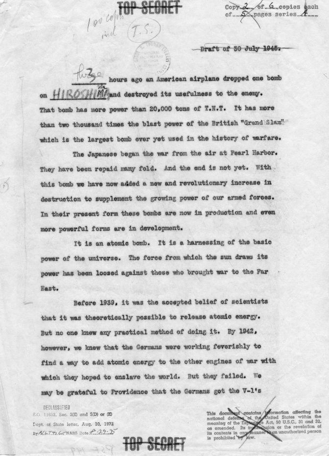 Draft statement on the dropping of the bomb
