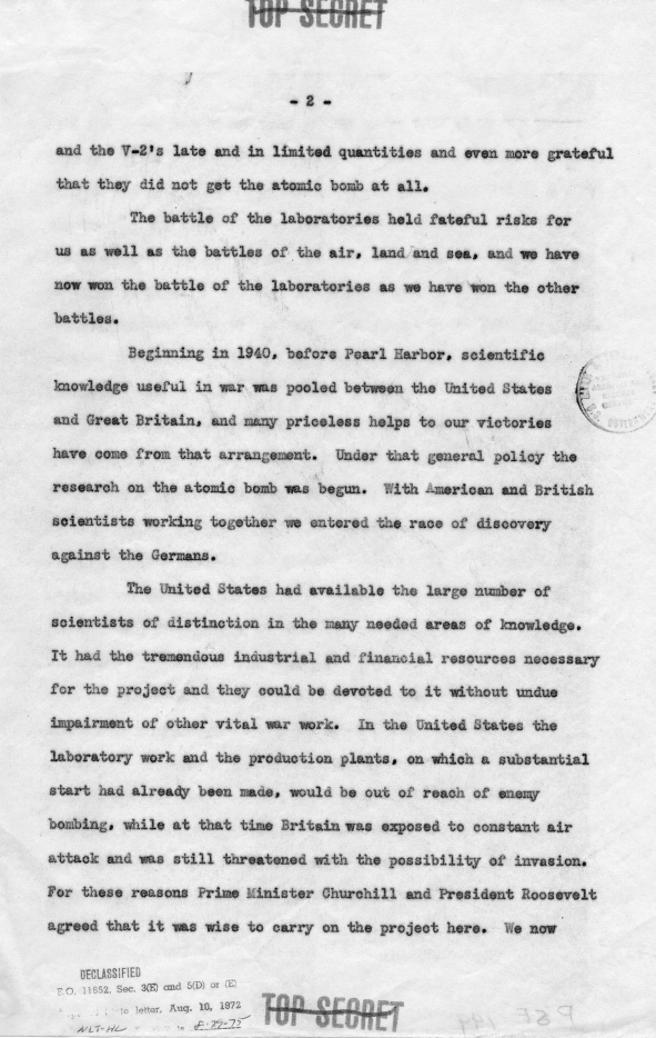 Draft statement on the dropping of the bomb
