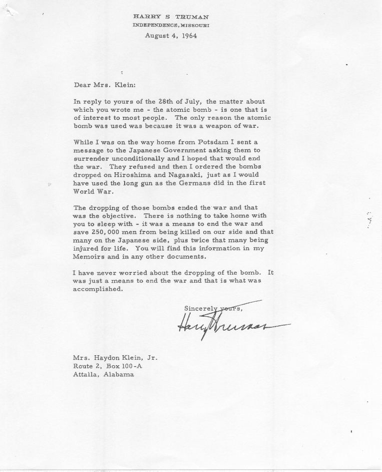 Harry S. Truman to Mrs. Haydon Klein, Jr.