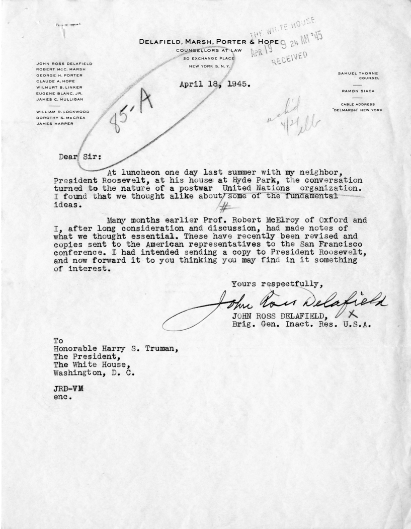 Letter from John Ross Delafield to President Harry S. Truman With Attachment and Reply From William D. Hassett