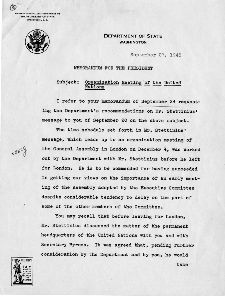 Memorandum from Dean Acheson to President Harry S. Truman With Related Correspondence from Edward Stettinius and a Reply from M. C. Latta