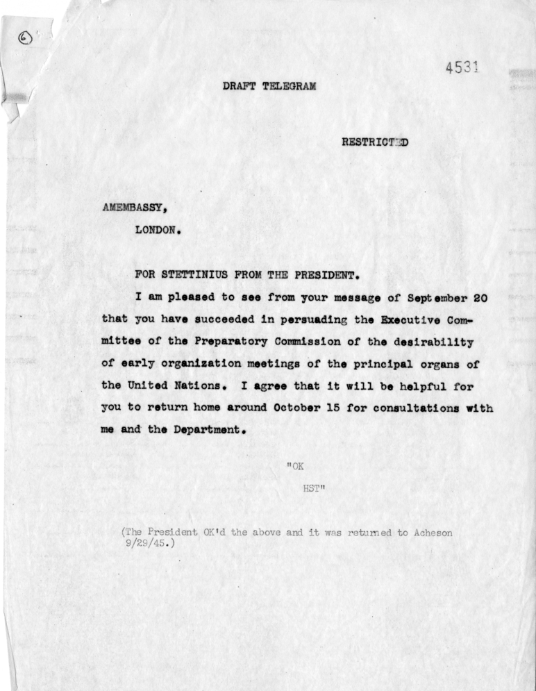 Memorandum from Dean Acheson to President Harry S. Truman With Related Correspondence from Edward Stettinius and a Reply from M. C. Latta