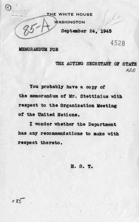 Memorandum from Dean Acheson to President Harry S. Truman With Related Correspondence from Edward Stettinius and a Reply from M. C. Latta