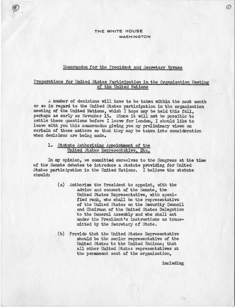 Memorandum from Dean Acheson to President Harry S. Truman With Related Correspondence from Edward Stettinius and a Reply from M. C. Latta