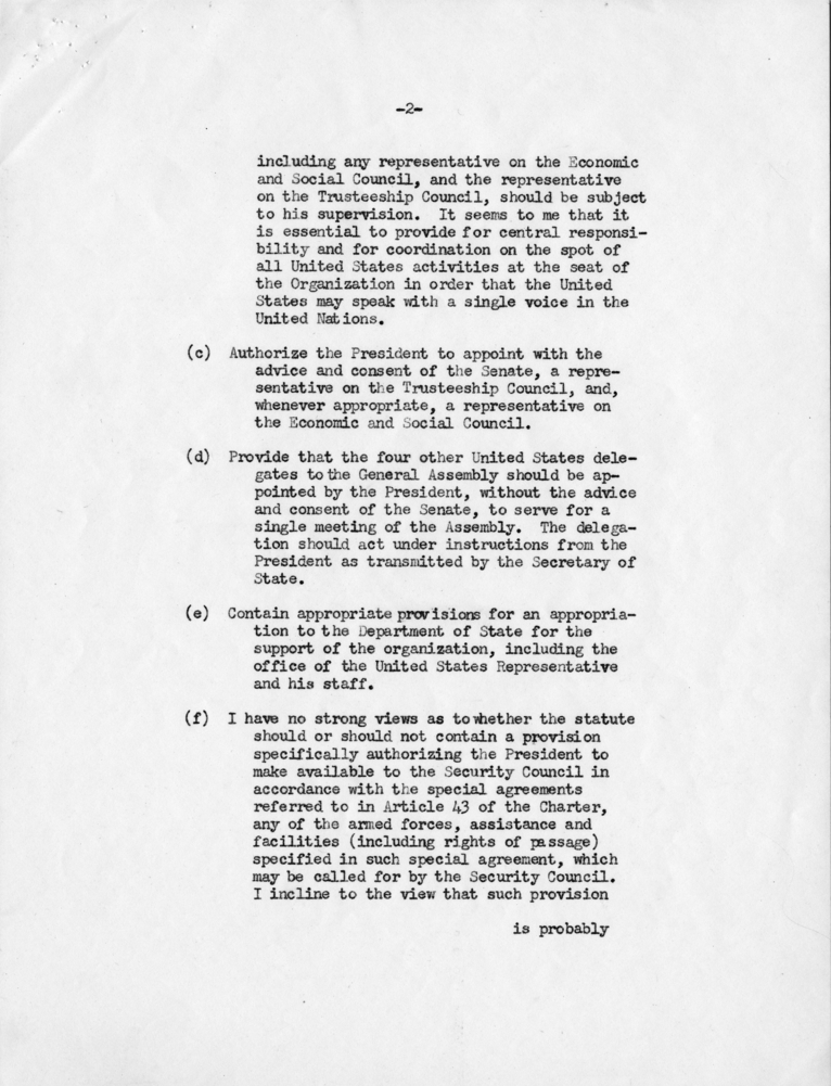 Memorandum from Dean Acheson to President Harry S. Truman With Related Correspondence from Edward Stettinius and a Reply from M. C. Latta