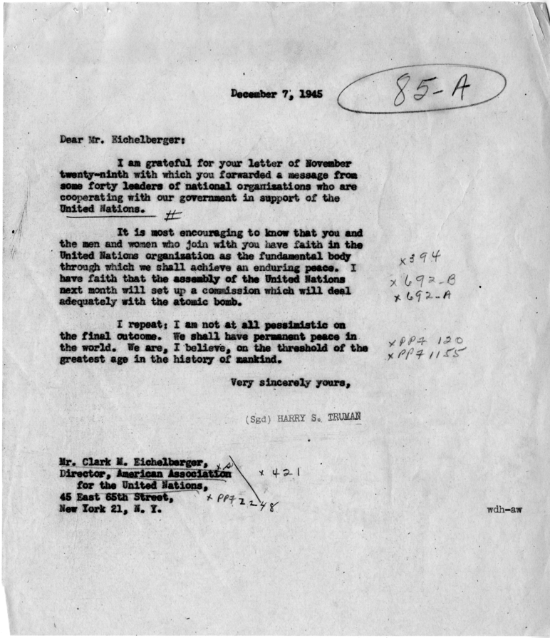 Correspondence Between President Harry S. Truman and Clark Eichelberger