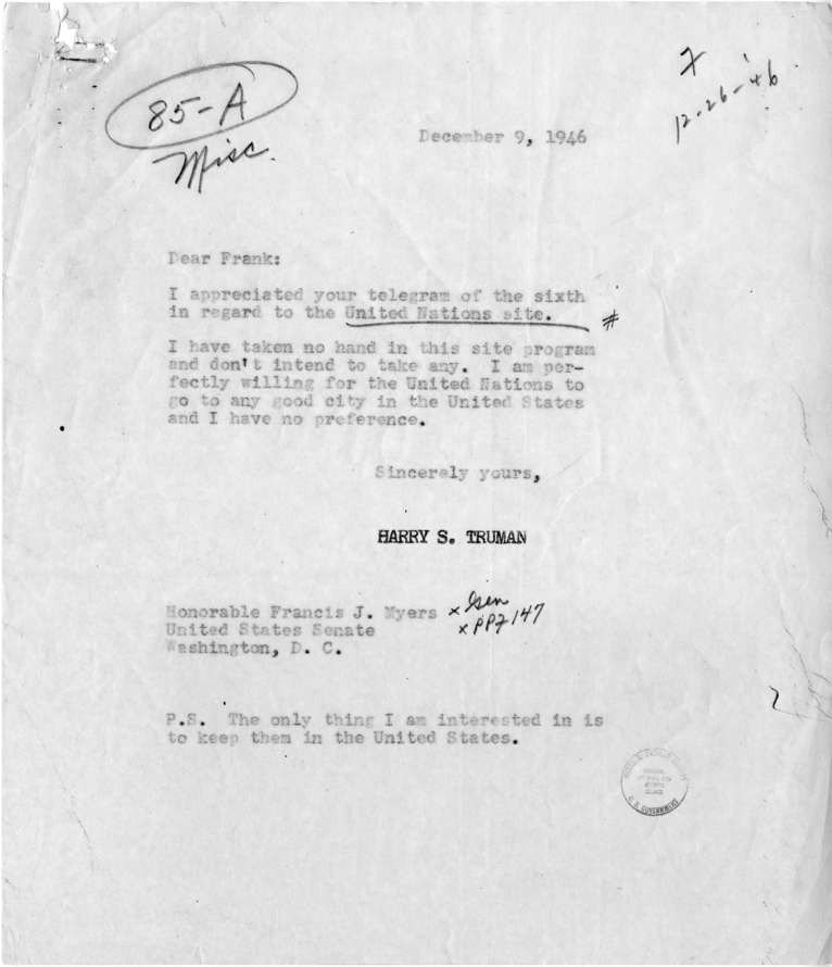 Correspondence Between Harry S. Truman and Francis J. Myers